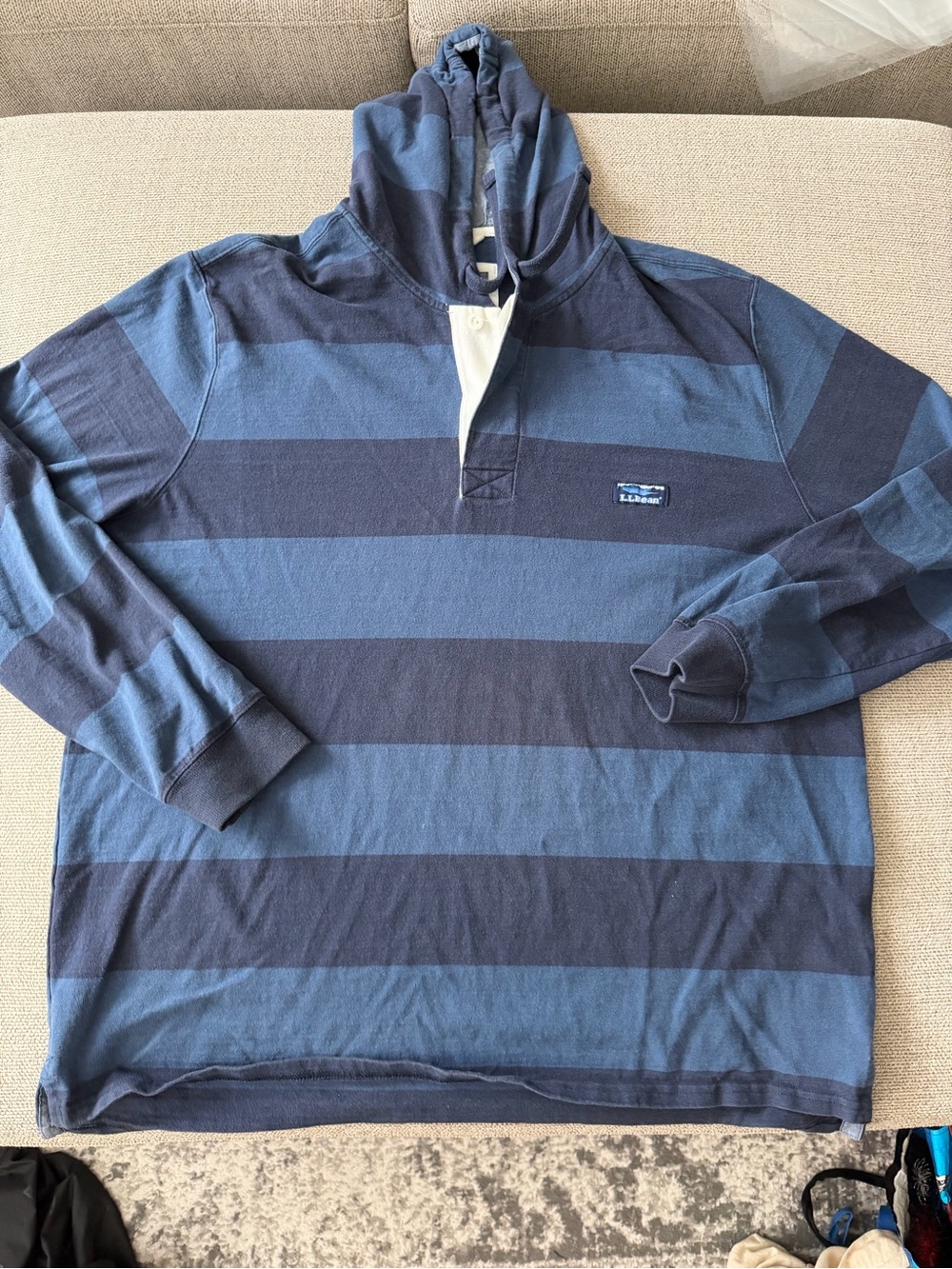 L.L. Bean Blue Navy Striped Hooded Rugby Shirt